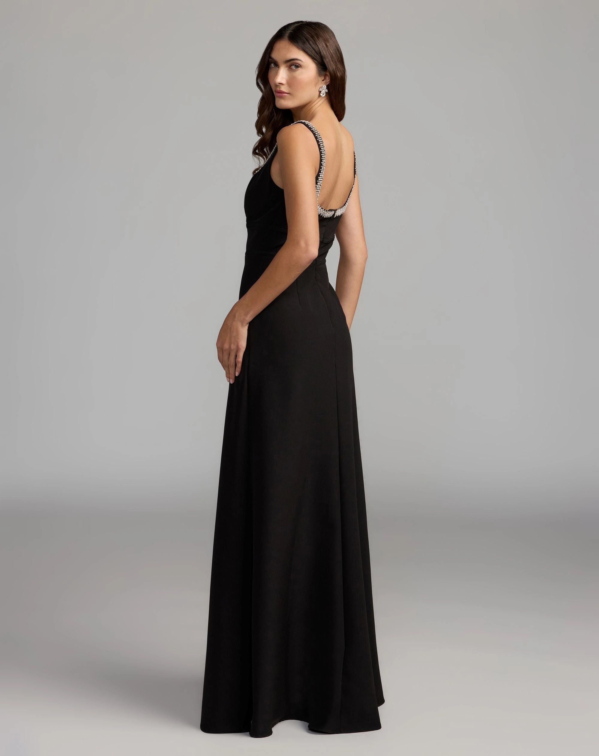 Black V Neck Beaded Trim Spaghetti Strap A-Line Floor Length Evening Gown