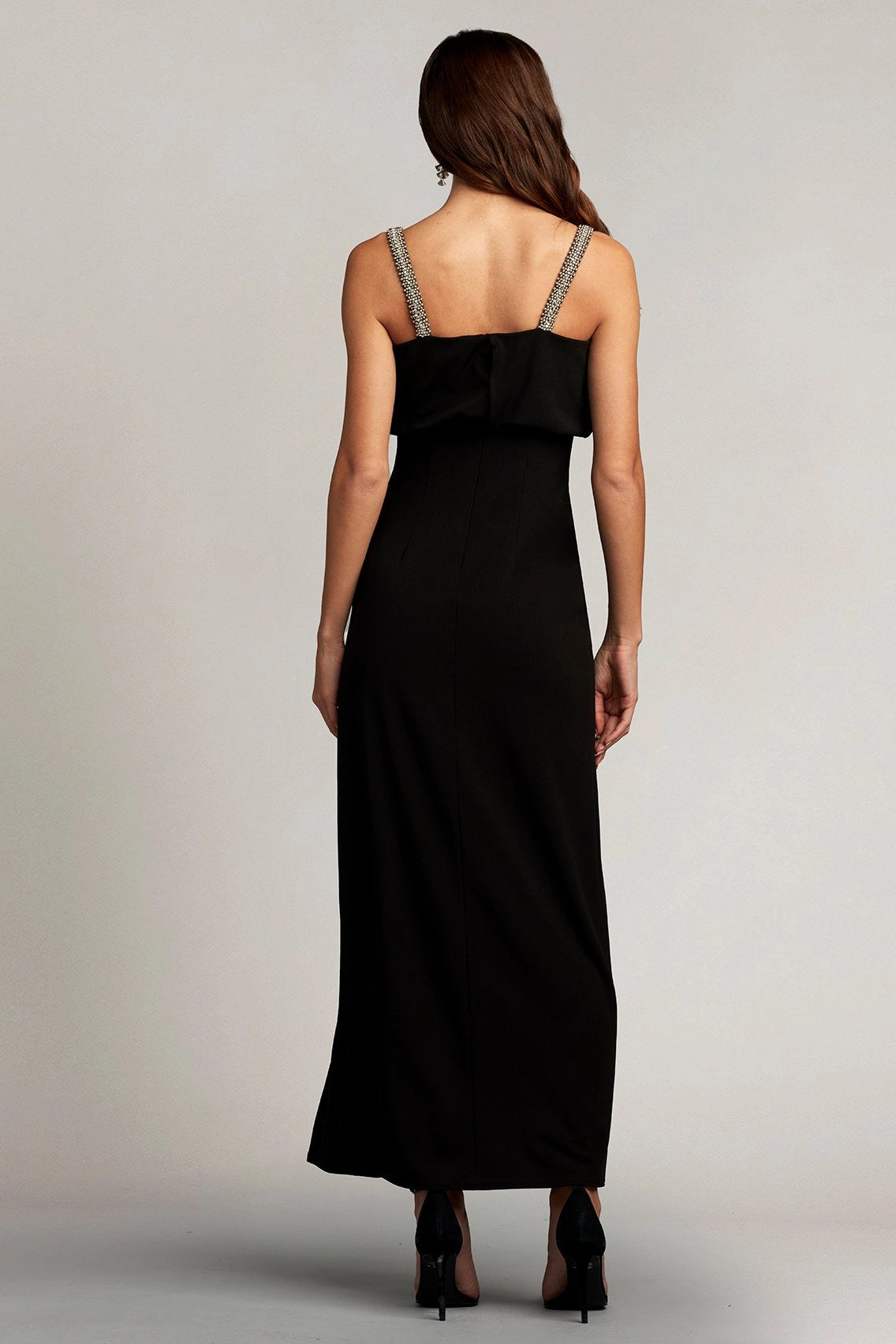 Black V Neck Wrap Rhinestone Strap Slit Maxi Evening Dress