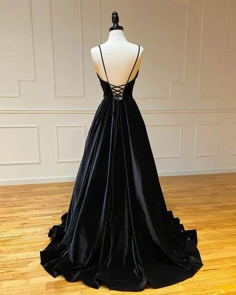 A-line Spaghetti V Neck Velvet Long Prom Dresses Straps Evening Party Dress