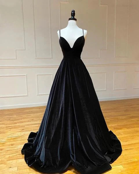 A-line Spaghetti V Neck Velvet Long Prom Dresses Straps Evening Party Dress