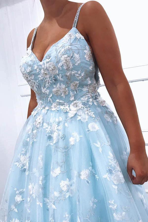 A-Line Lace Appliques Tulle Blue Long Prom Dresses Evening Dress
