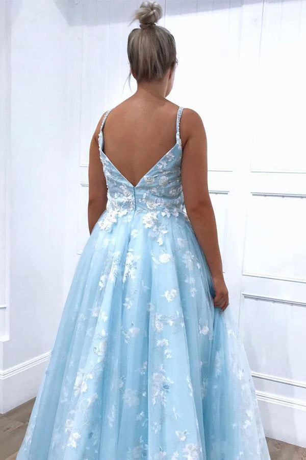 A-Line Lace Appliques Tulle Blue Long Prom Dresses Evening Dress