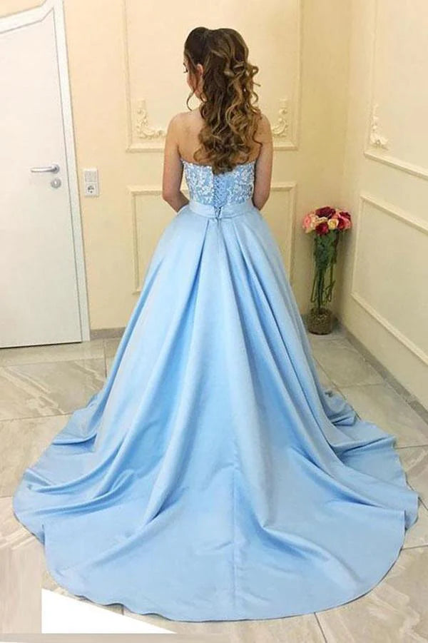 A-line Princess Sweetheart Neck Strapless Blue Satin Long Prom Dresses