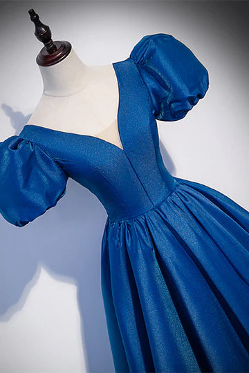 A-line V Neck Puff Sleeves Lace-Up Back Long Prom Dresses Formal Dress