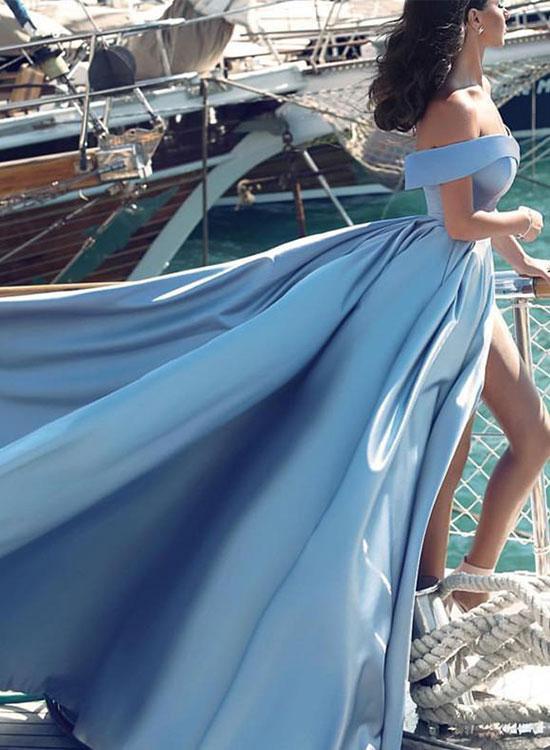 A-line Off Shoulder Sweep Train Prom Gown Formal Dress