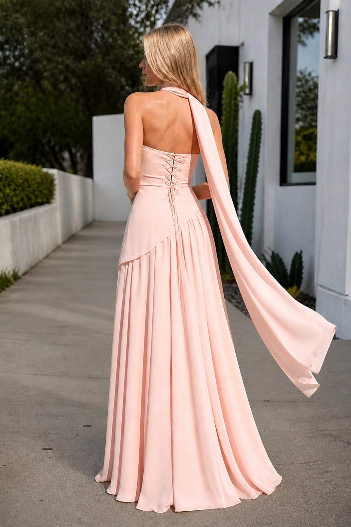 Blush A-line Strapless Cape Sleeve Lace-up Back Slit Long Bridesmaid Dress