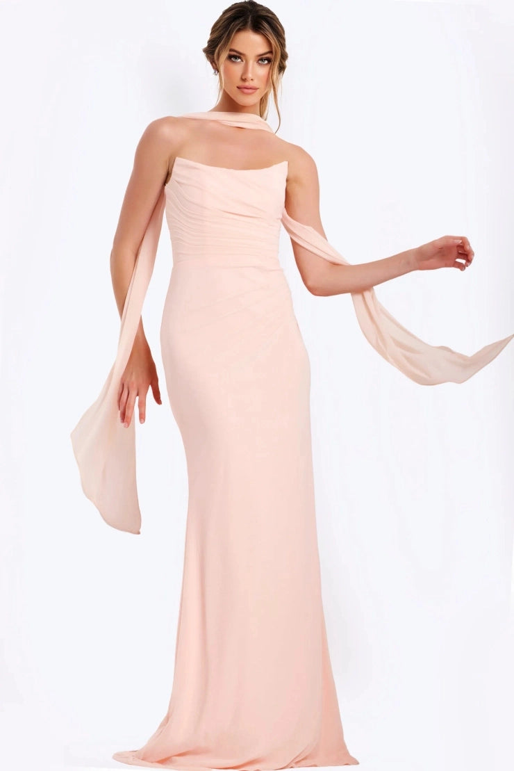 Soft Mermaid Strapless Cowl Strap Open Back Floor Length Bridesmaid Dress
