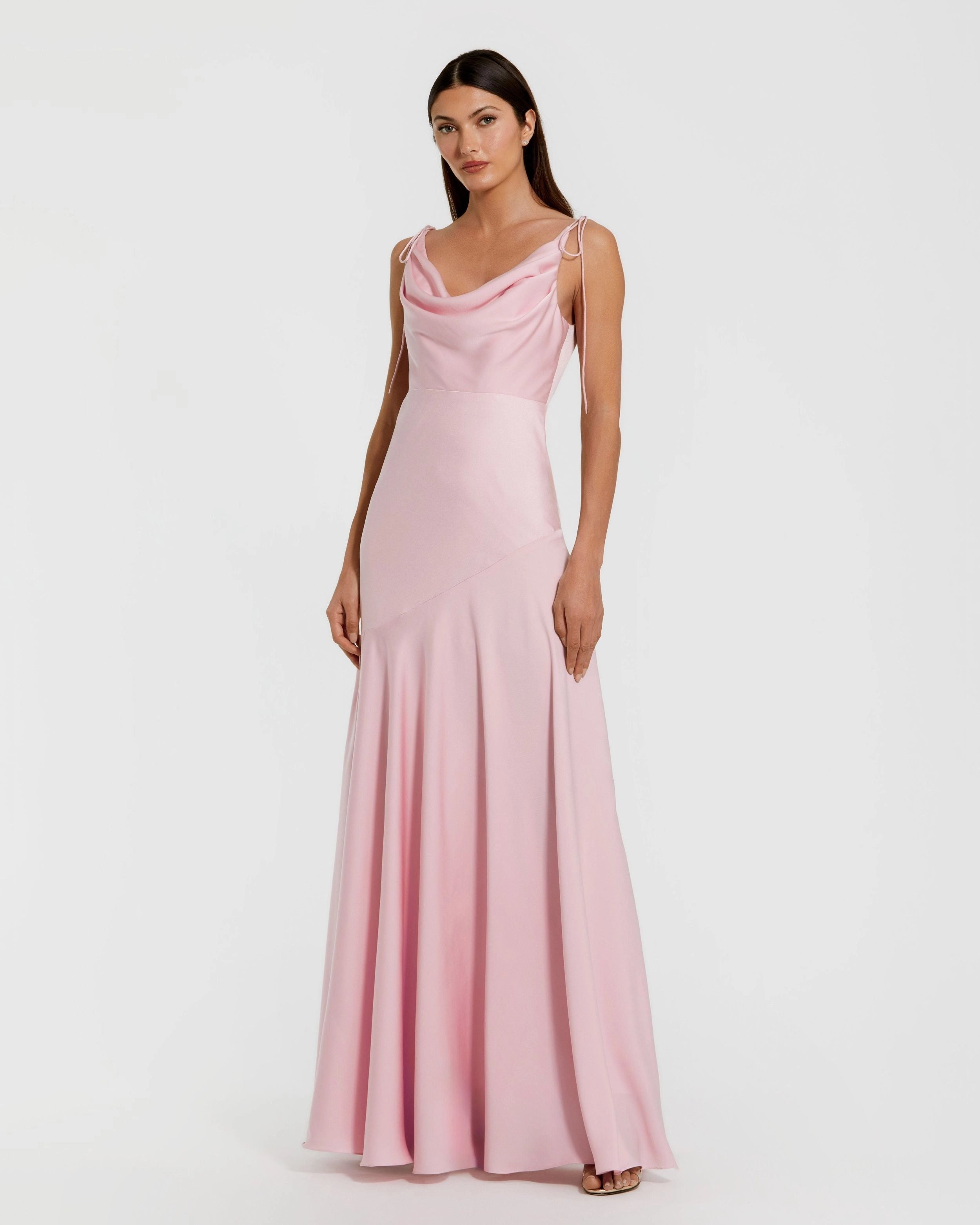 Satin cowl tie strap low back mermaid prom gown