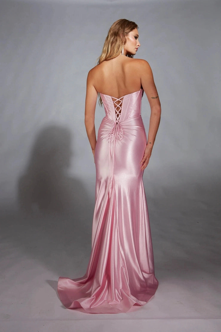 Satin Mermaid Strapless Sweetheart Lace Up Back Slit Long Prom Dress