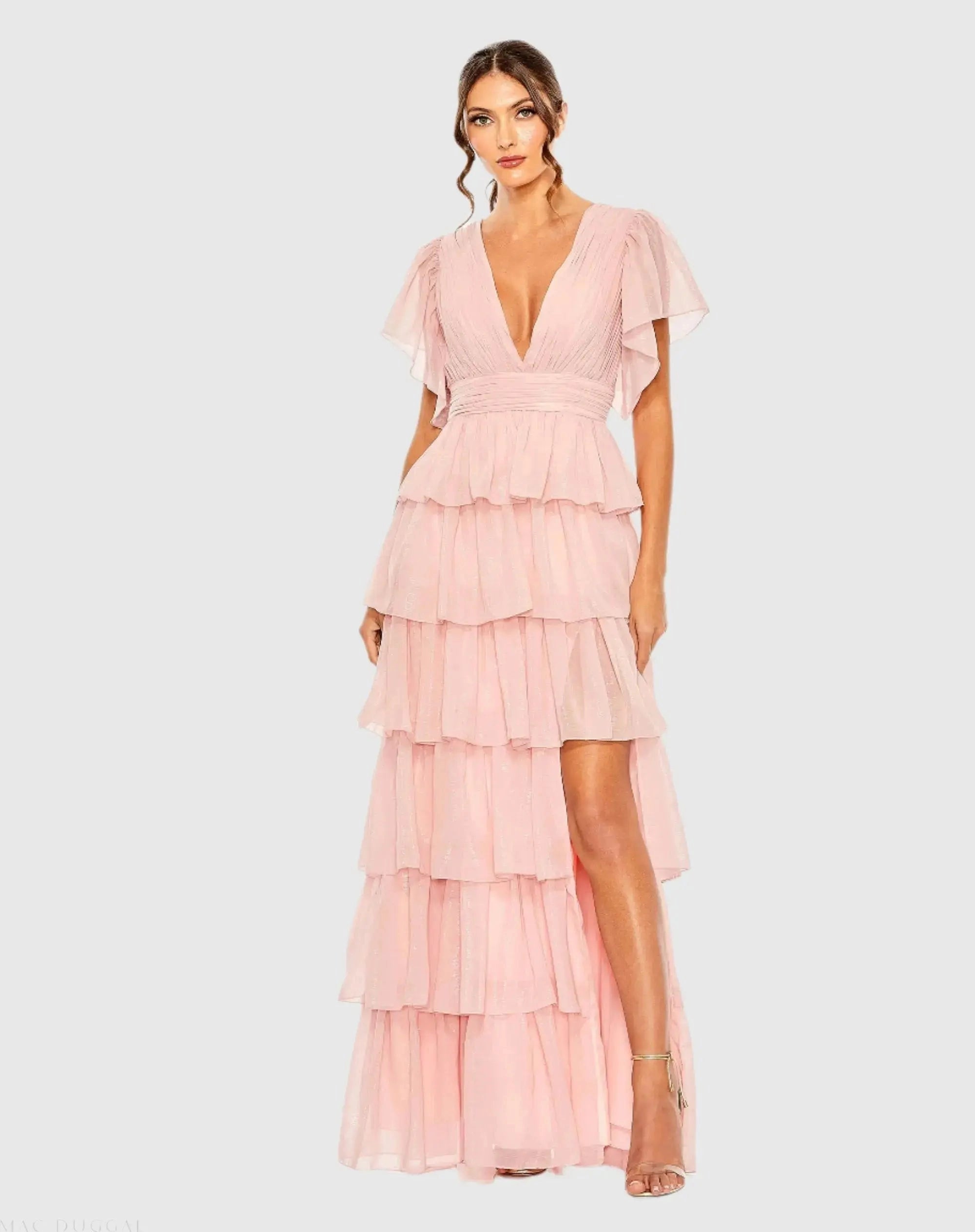 V neck flutter sleeve tiered ruffle prom gown