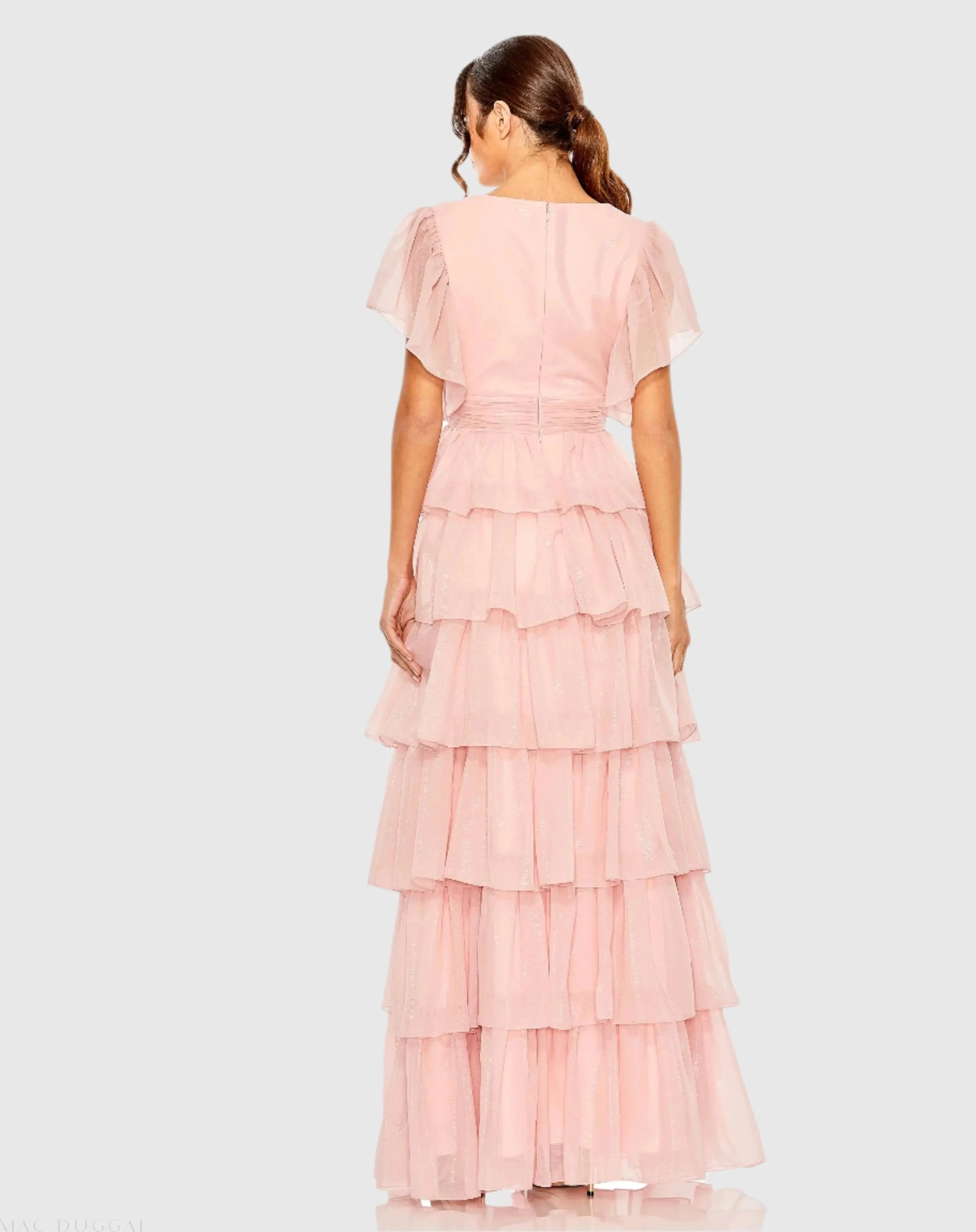 V neck flutter sleeve tiered ruffle prom gown