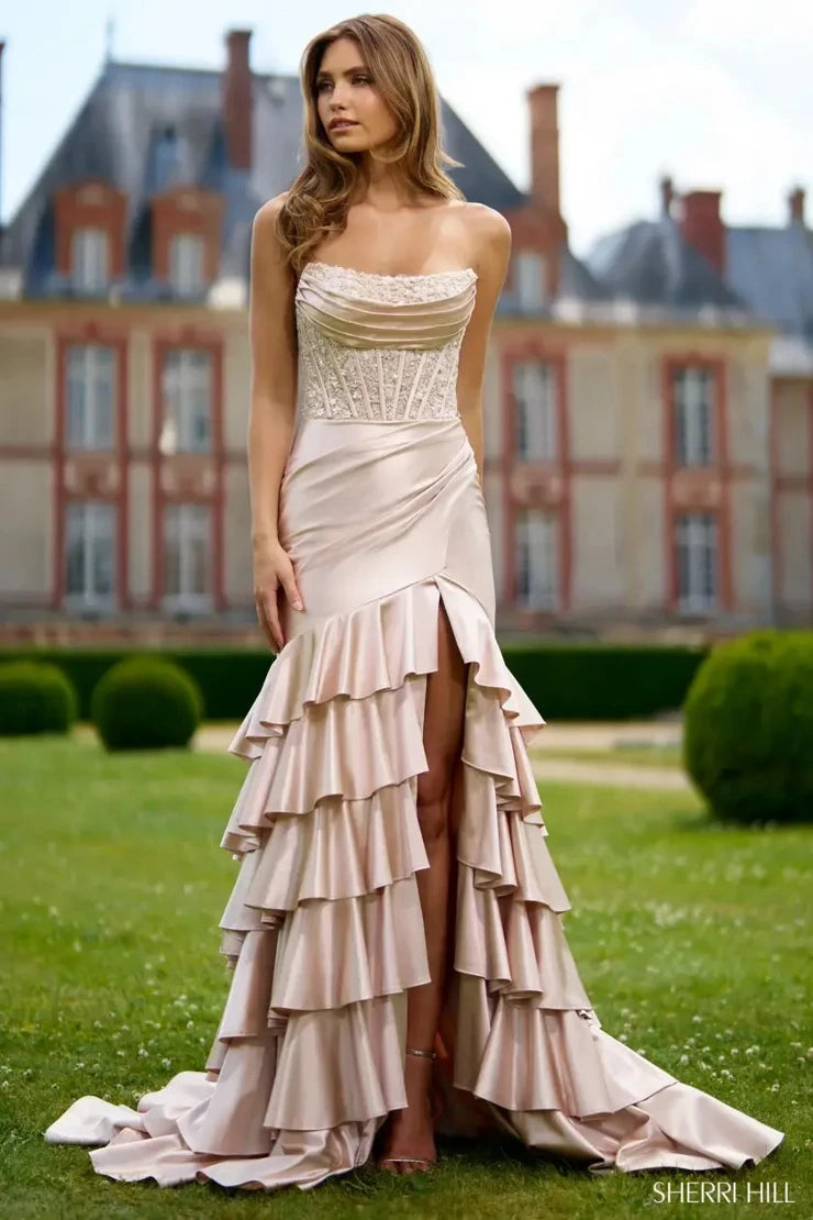 Satin Mermaid Strapless Sweetheart Open Back Slit Long Prom Dress