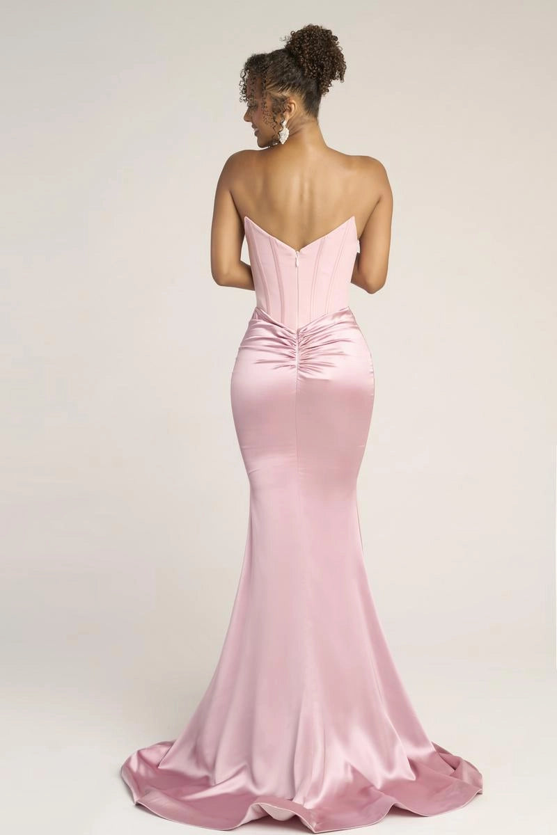 Blush Satin Strapless Mermaid Prom Dress Corset V Back Ruched Waist Gown