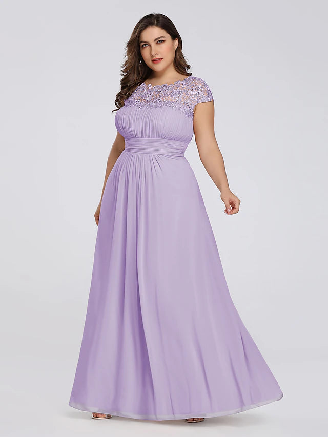 A-Line Mother of the Bride Dress Plus Size Jewel Neck Floor Length Chiffon Short Sleeve with Lace Ruching