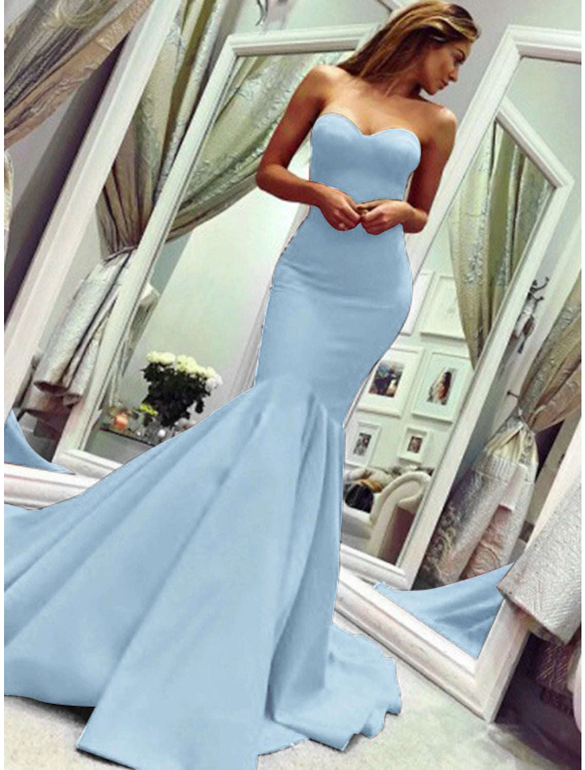 Meerjungfrau-Partykleid, minimalistisch, sexy, für Hochzeitsgäste, formeller Abend, Valentinstagskleid, trägerlos, ärmellos, Hofschleppe, Stretchstoff mit Falten