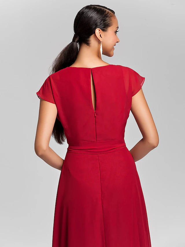 Etui-/Säulenkleid für die Brautjungfer, Wasserfallausschnitt, kurze Ärmel, elegant, bodenlang, Chiffon mit Schärpe/Band/Drapierung
