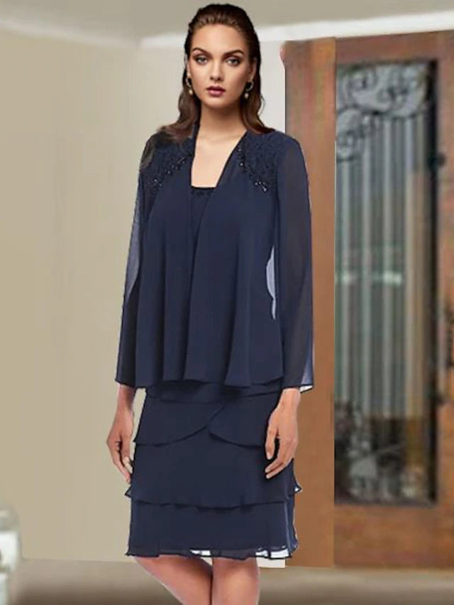 Two Piece Sheath / Column Mother of the Bride Dress Elegant Scoop Neck Knee Length Chiffon Lace Sleeveless Wrap Included with Beading Ruffles