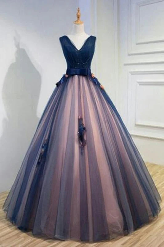 Tüll V-Ausschnitt Ärmellos Applikationen Langes Ballkleid Ballkleider