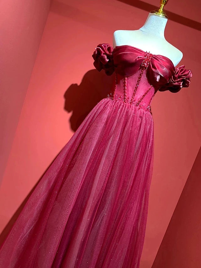 A-Line Prom Dresses Empire Dress Prom Sweep / Brush Train Short Sleeve Sweetheart Tulle with Pleats Beading