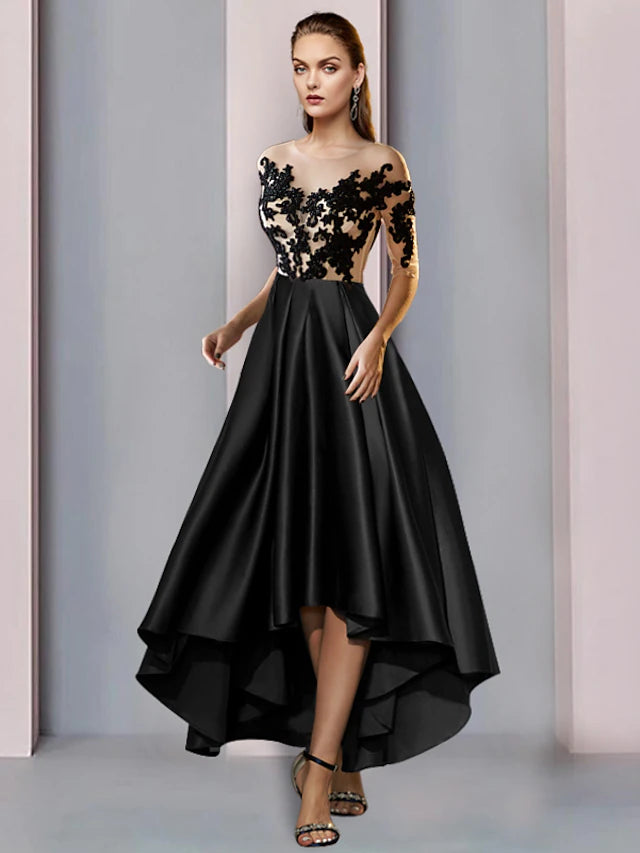 A-Line Mother of the Bride Dress Wedding Guest Vintage Elegant Illusion Neck Asymmetrical Satin Lace Half Sleeve with Pleats