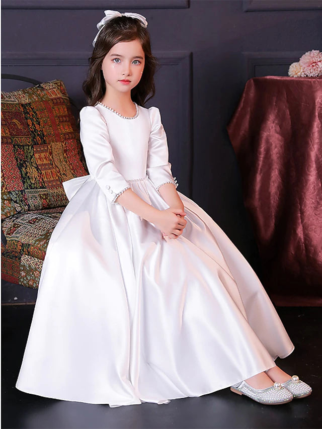 A-Line Floor Length Flower Girl Dress First Communion Girls Cute Prom Dress Satin with Faux Pearl Elegant Fit 3-16 Years