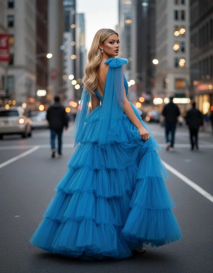 Dreamy A Line V Neck Bow Strap Deep Back Floor Length Prom Dress