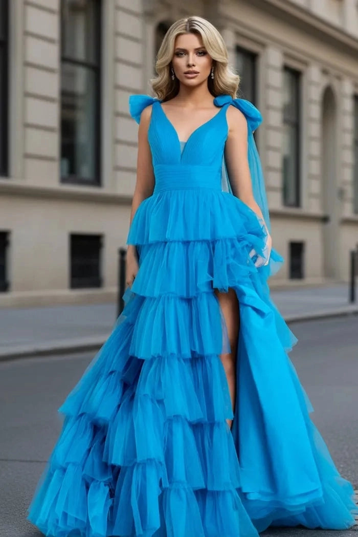 Dreamy A Line V Neck Bow Strap Deep Back Floor Length Prom Dress