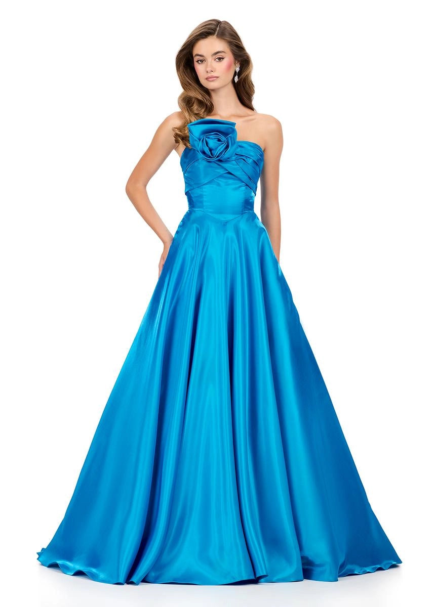 Elegant A-Line Strapless Low Back 3D Rose Satin Long Prom Dress