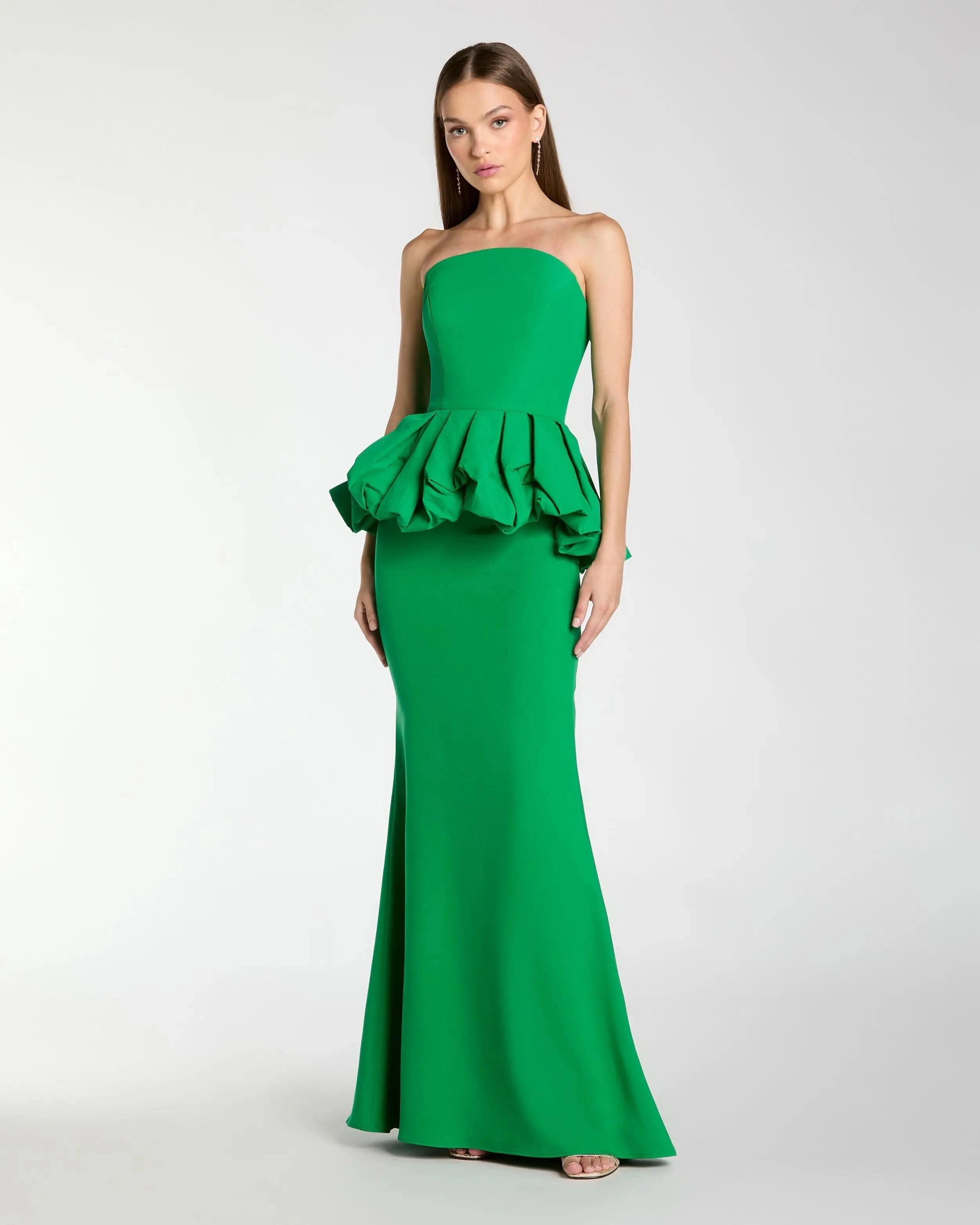 Bright Green Strapless Mermaid Evening Gown With Ruffled Peplum Waist