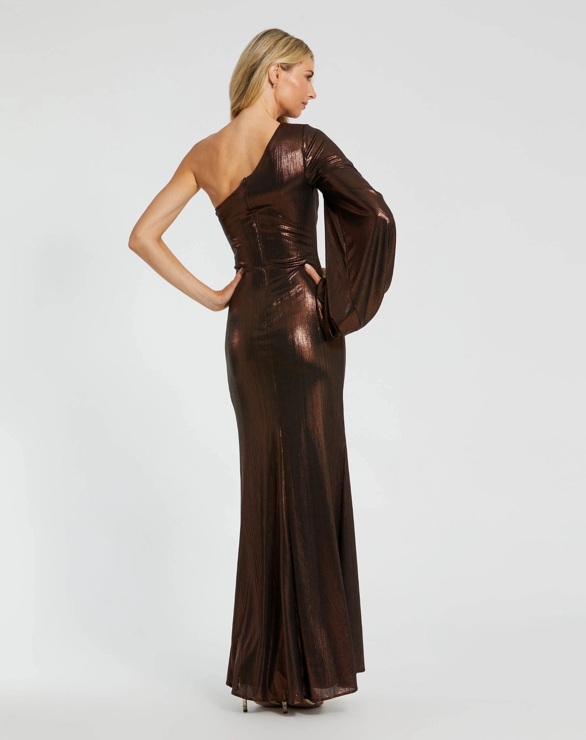 Bronze Metallic One Shoulder Mermaid Evening Gown With Bishop Sleeve