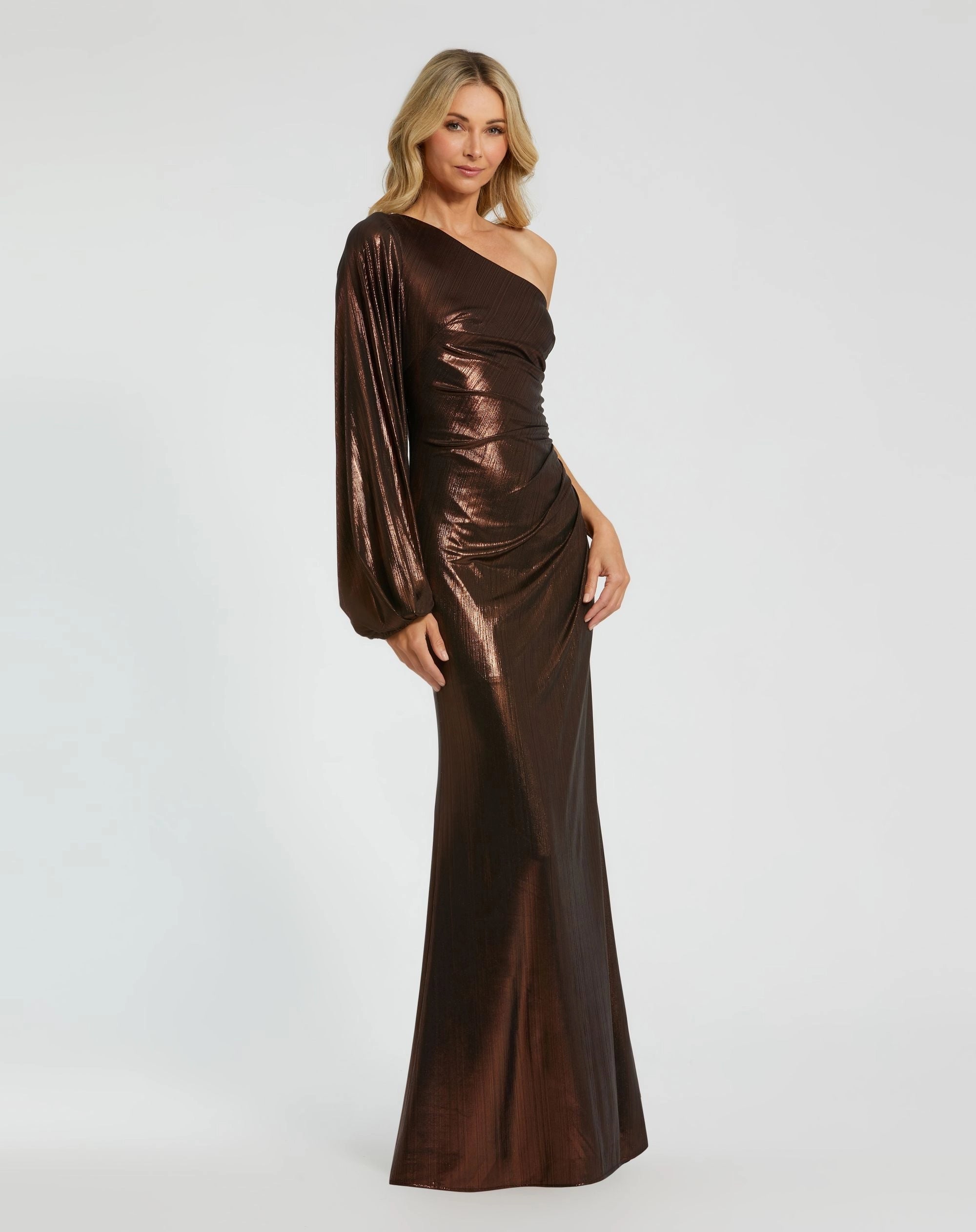 Bronze Metallic One Shoulder Mermaid Evening Gown With Bishop Sleeve