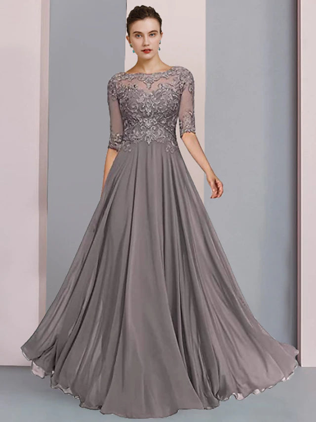 A-Linien-Kleid für die Mutter der Braut, formeller Hochzeitsgast, eleganter U-Ausschnitt, bodenlang, Chiffon, Spitze, halbe Ärmel, Wickelkleid inklusive, mit Falten, Perlenapplikationen