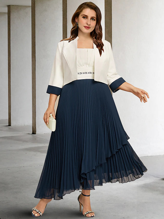 Two Piece A-Line Plus Size Curve Mother of the Bride Dresses Color Block Dress Formal Ankle Length Sleeveless Square Neck Chiffon with Pleats Crystals