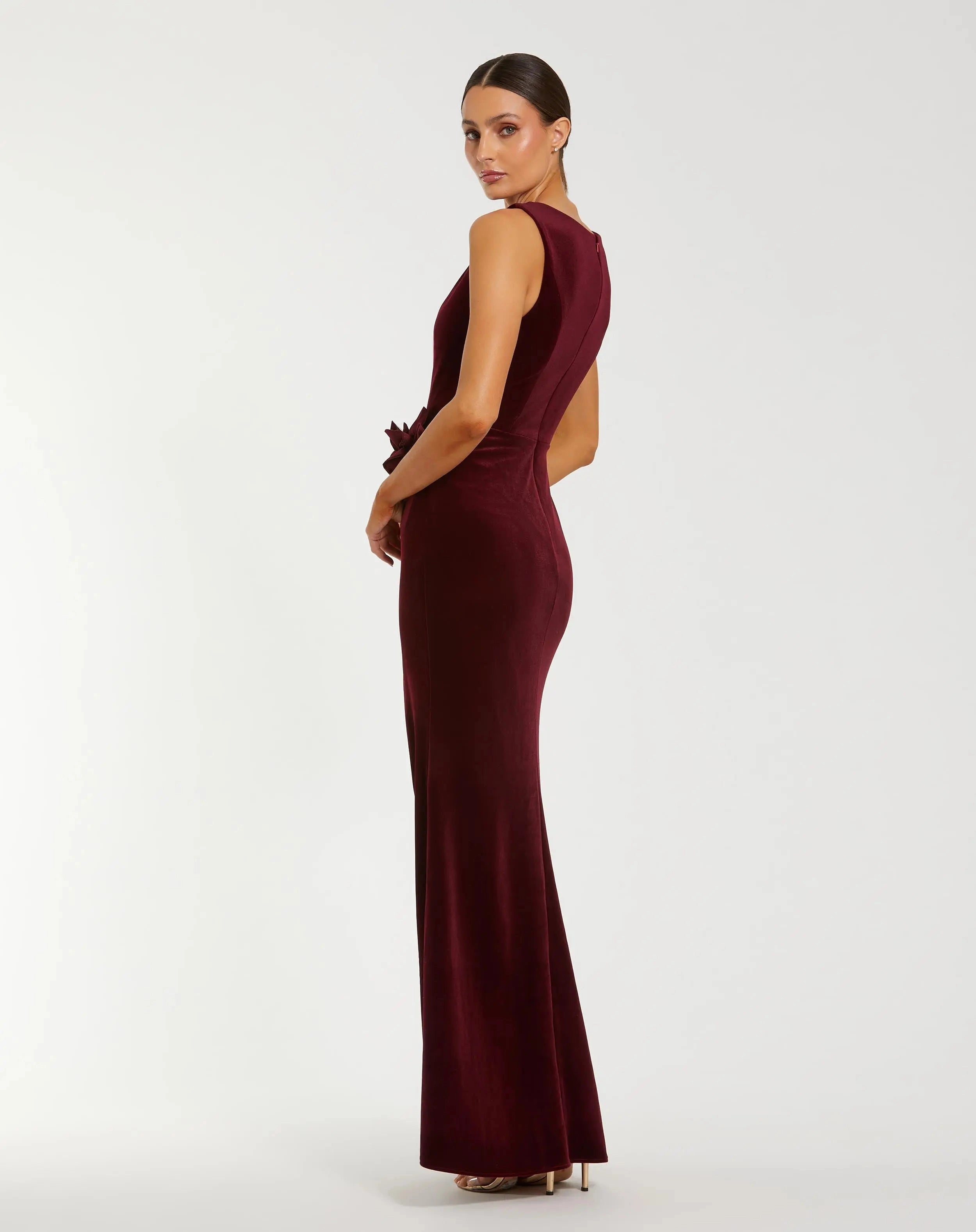Boat neck velvet 3D floral slit mermaid prom gown
