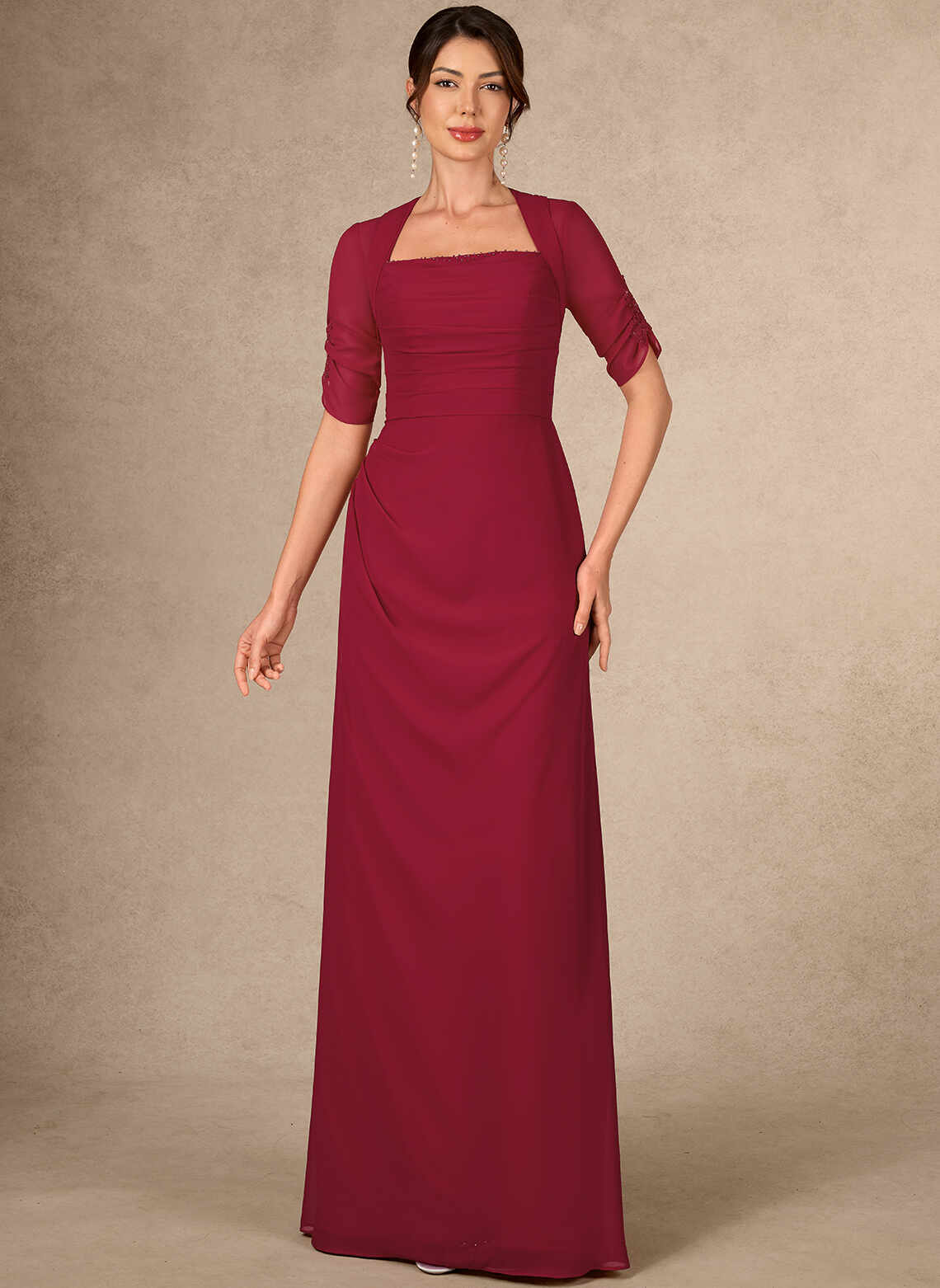 Burgundy Chiffon A-line Square Neck Elbow Sleeve Zip Back Floor Mother of the Bride Dress