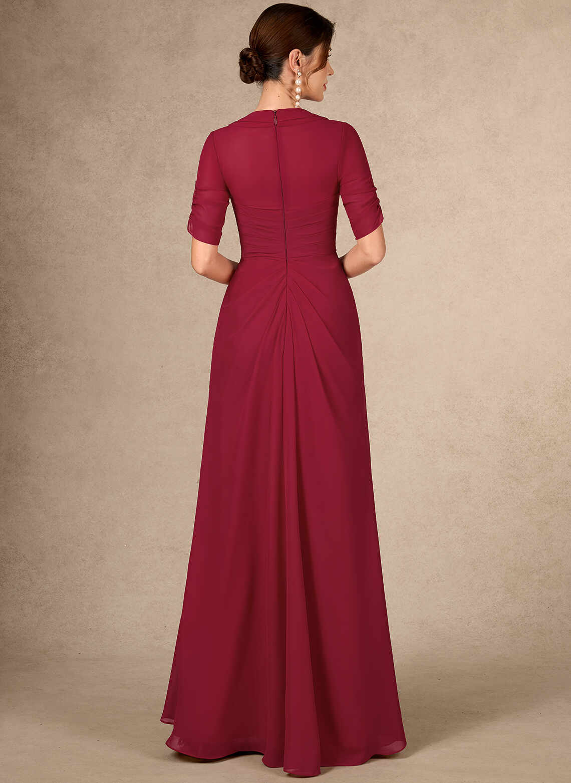 Burgundy Chiffon A-line Square Neck Elbow Sleeve Zip Back Floor Mother of the Bride Dress