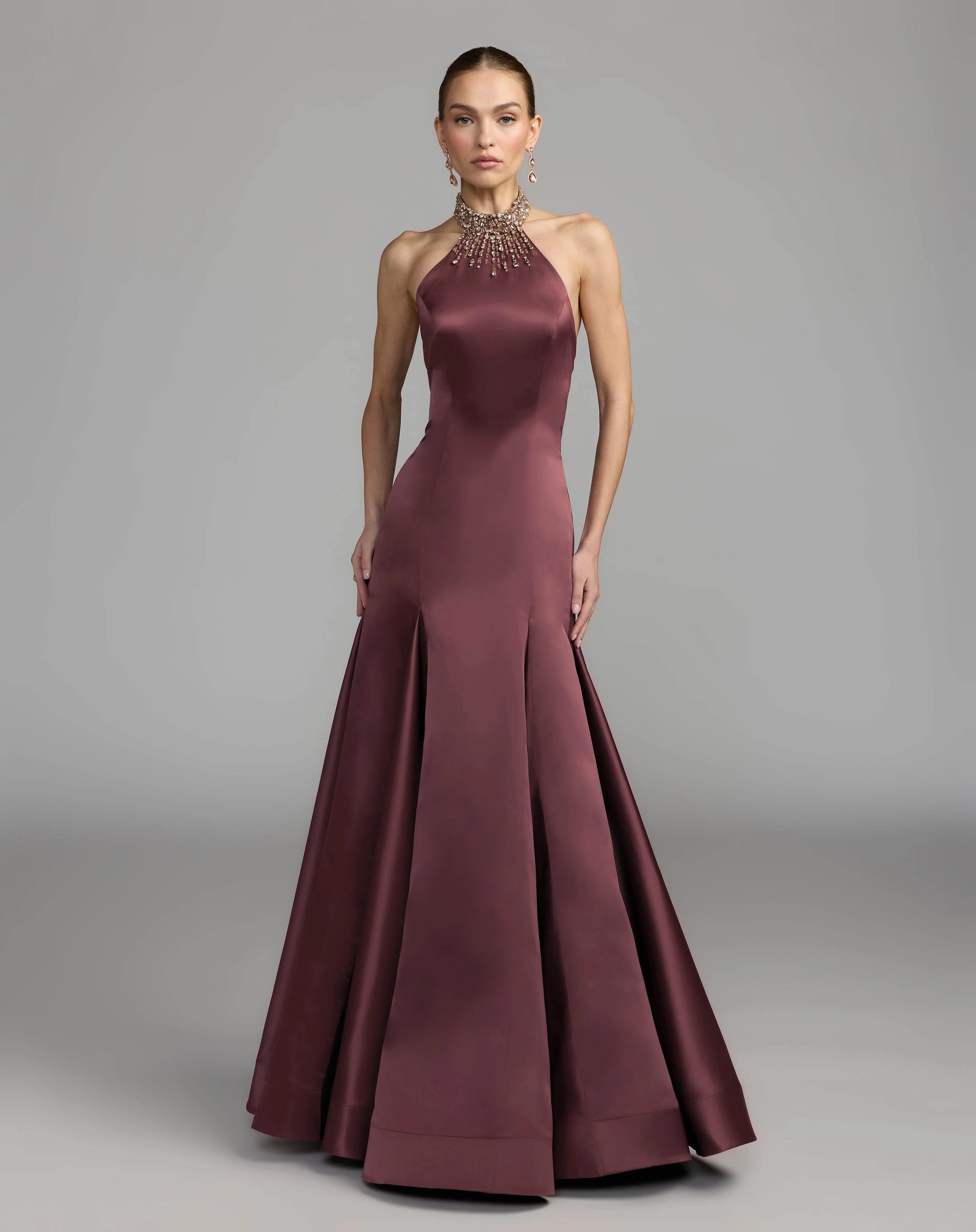Burgundy Halter Beaded Neck Satin Mermaid Open Back Evening Gown