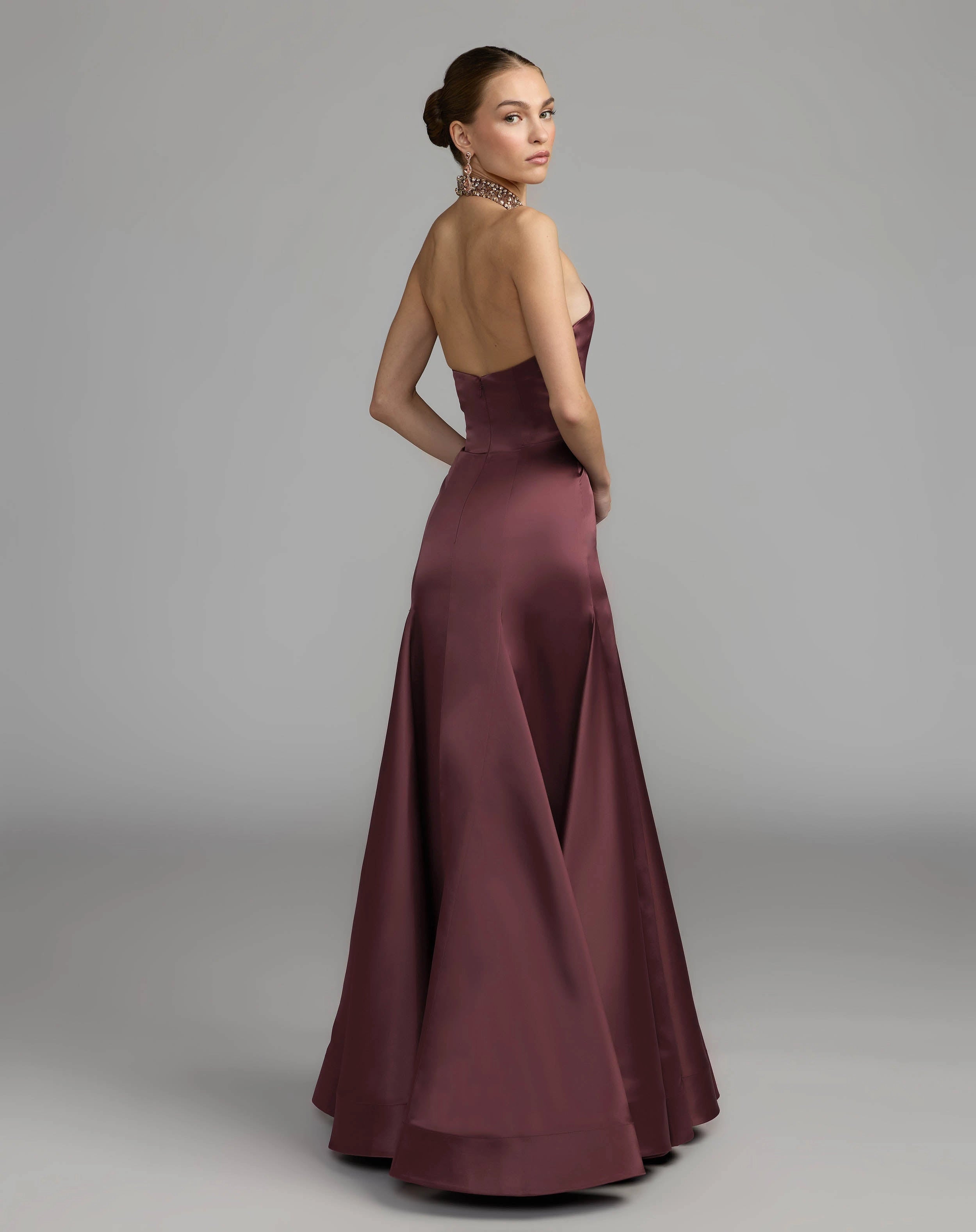 Burgundy Halter Beaded Neck Satin Mermaid Open Back Evening Gown