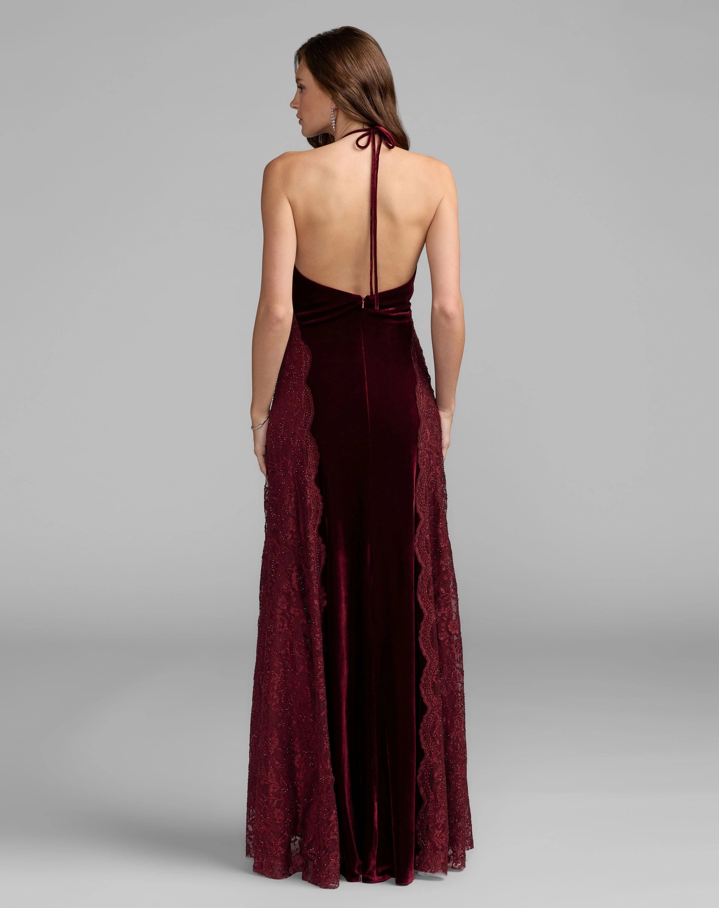 Burgundy Halter Velvet Mermaid Evening Gown With Beaded Lace Side Panels