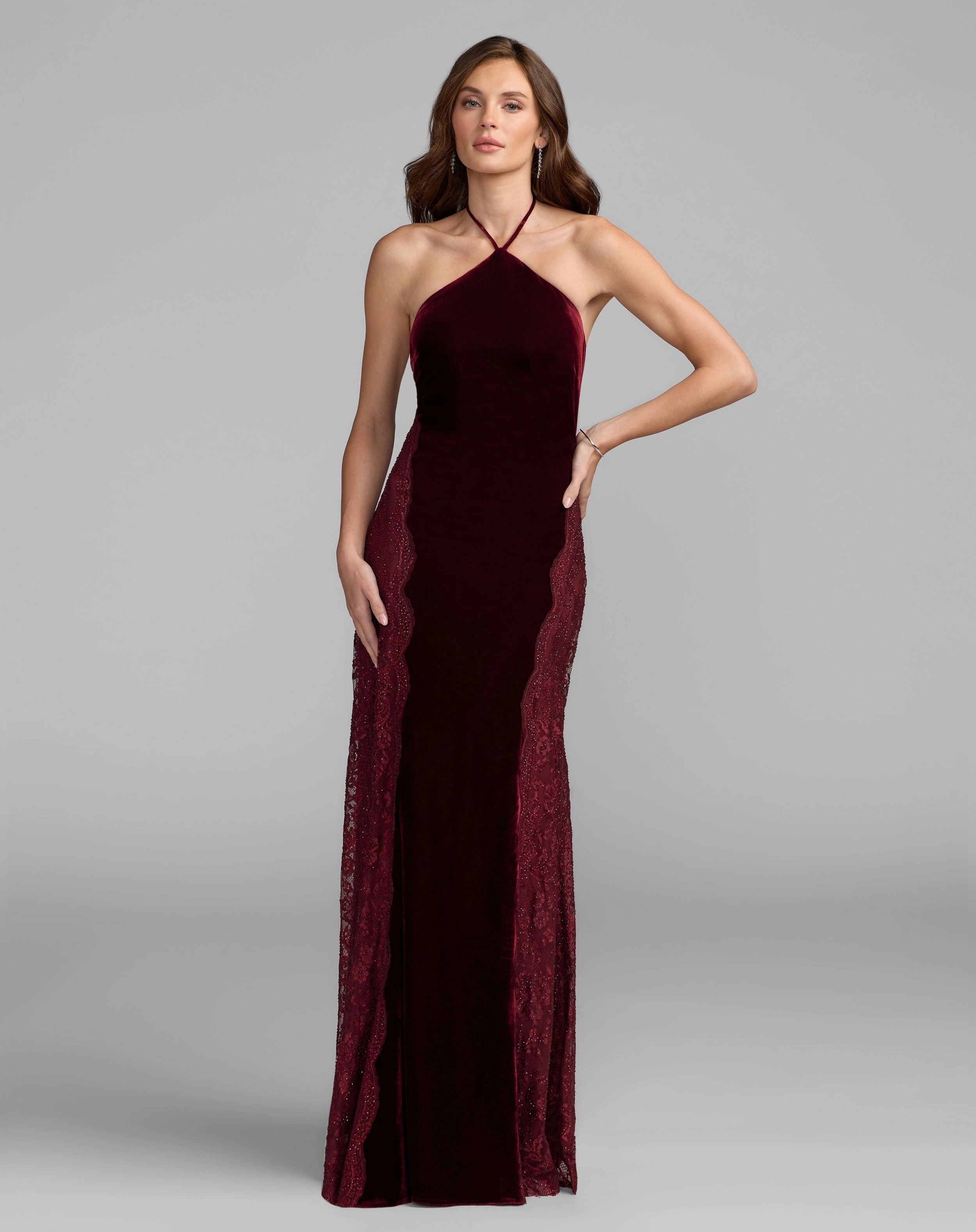 Burgundy Halter Velvet Mermaid Evening Gown With Beaded Lace Side Panels