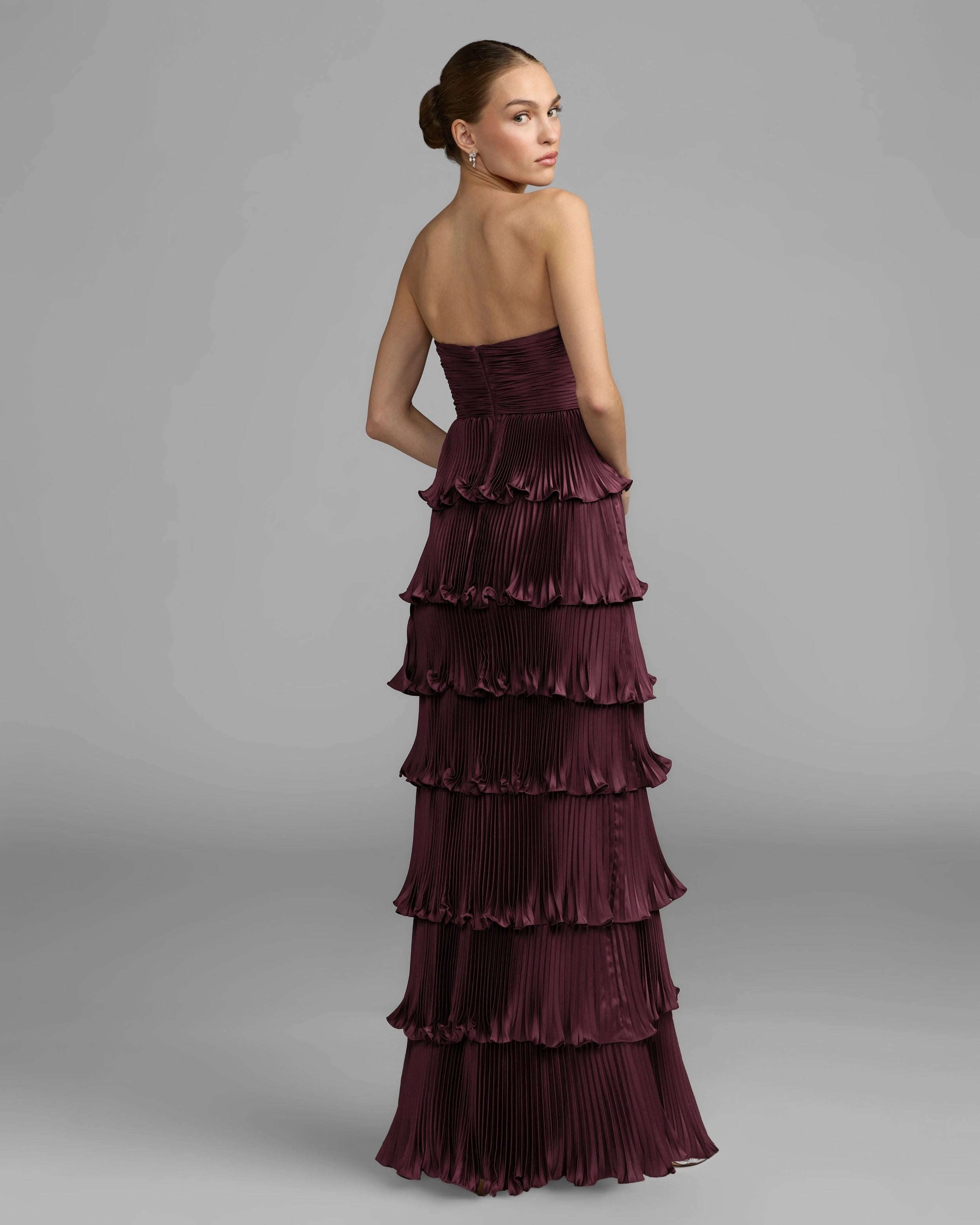Burgundy Strapless Twisted Cutout Tiered Pleated Ruffle Cake Evening Gown
