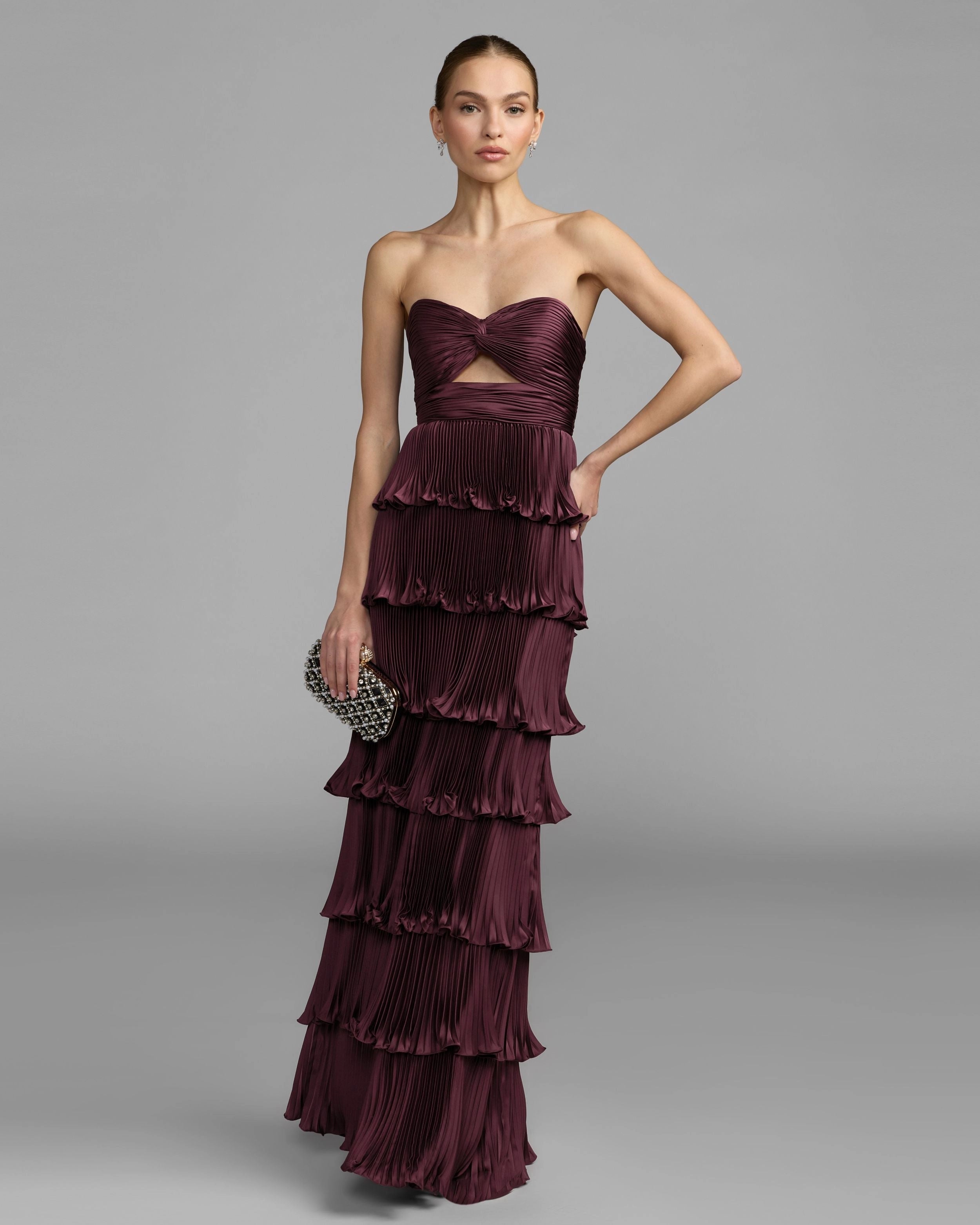 Burgundy Strapless Twisted Cutout Tiered Pleated Ruffle Cake Evening Gown
