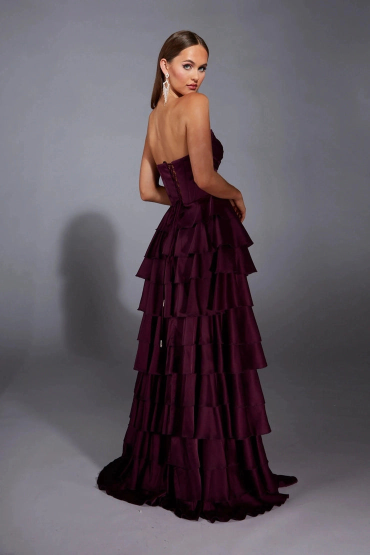 Tiered A-Line Sweetheart Strapless Corset Lace Up Slit Long Prom Dress