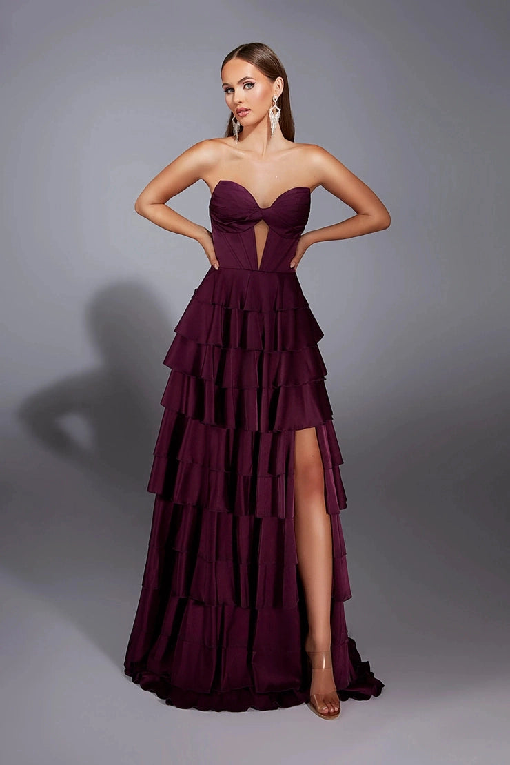 Tiered A-Line Sweetheart Strapless Corset Lace Up Slit Long Prom Dress