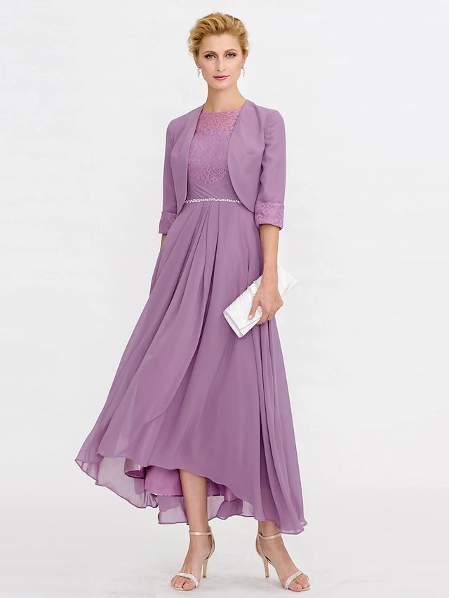 Two Piece Ball Gown A-Line Mother of the Bride Dress Formal Church Convertible Dress High Low See Through Illusion Neck Asymmetrical Chiffon Lace 3/4 Length Sleeve with Crystals