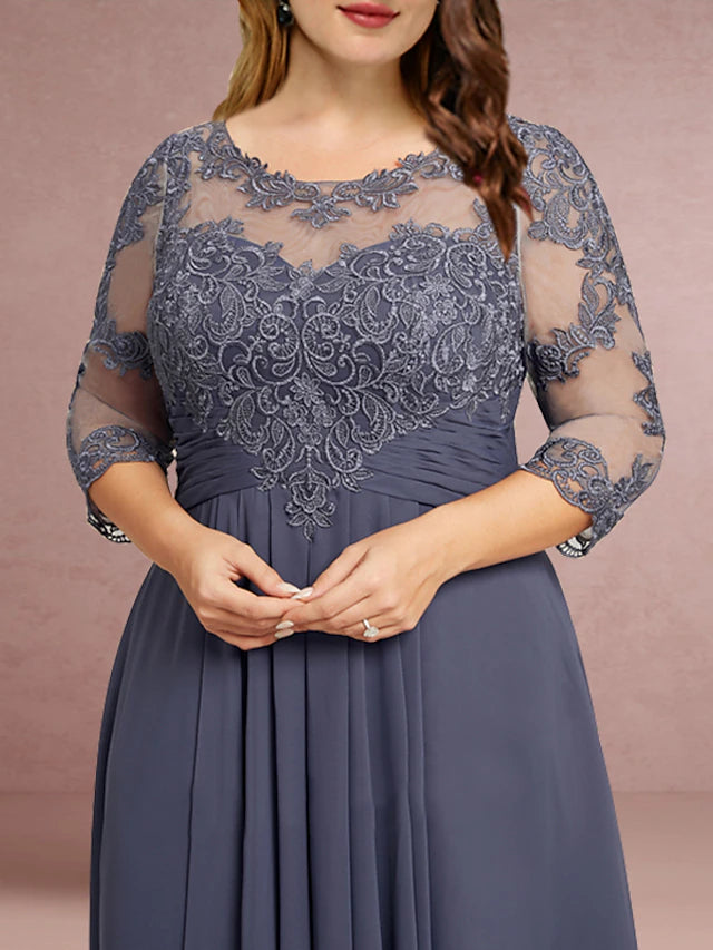 Sheath / Column Mother of the Bride Dress Wedding Guest Elegant Jewel Neck Asymmetrical Chiffon Lace 3/4 Length Sleeve with Pleats Solid Color