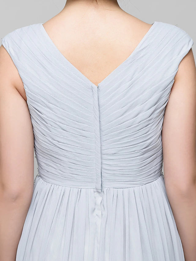 A-Line Mother of the Bride Dress Elegant V Neck Floor Length Chiffon Sleeveless with Criss Cross Beading