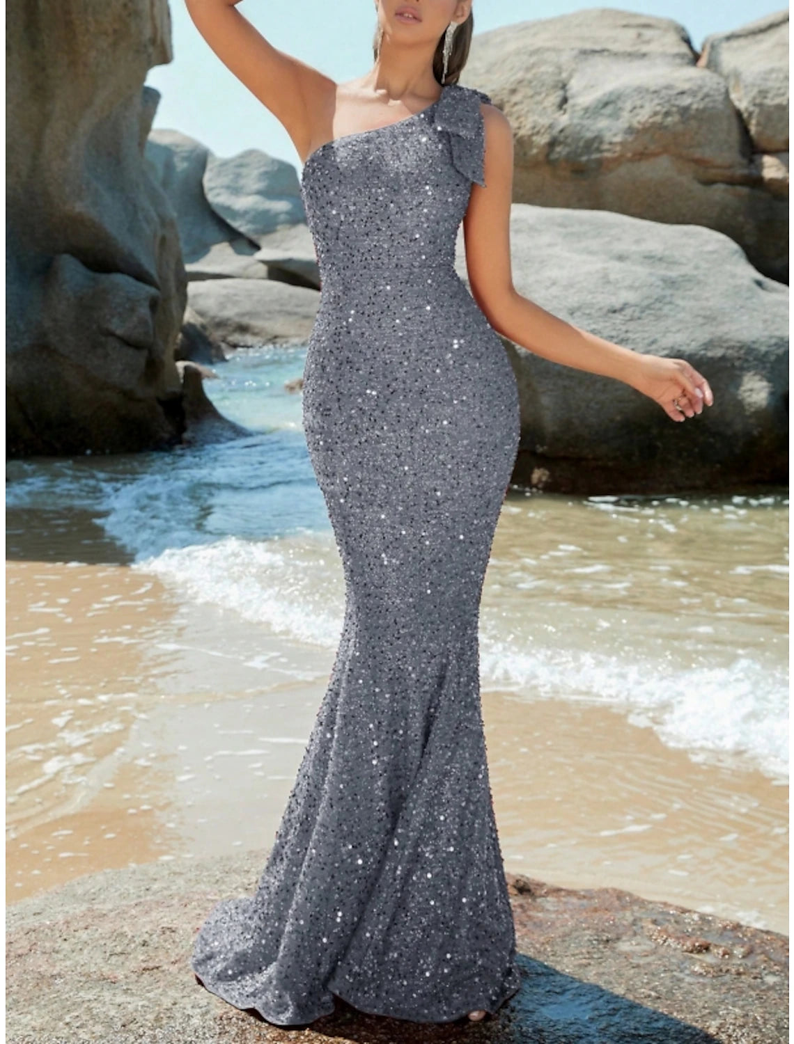 Mermaid Trumpet Evening Gown Sparkle Shine Dress Formal Fall Sweep Brush Train Sleeveless One Shoulder Sequined