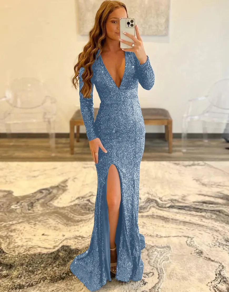 Sheath Deep V Neck Sequins Long Prom Dress with Split Front