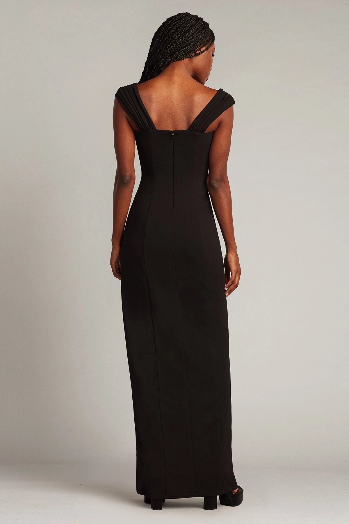 Black Off-the-Shoulder Ruched Rhinestone Slit Sheath Evening Dress